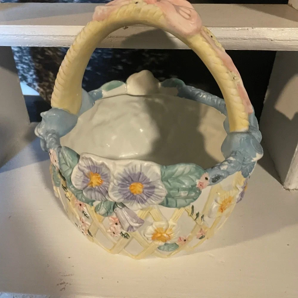 Ceramic Basket Floral Embossed Pastel Colors‎ Easter Spring Decor